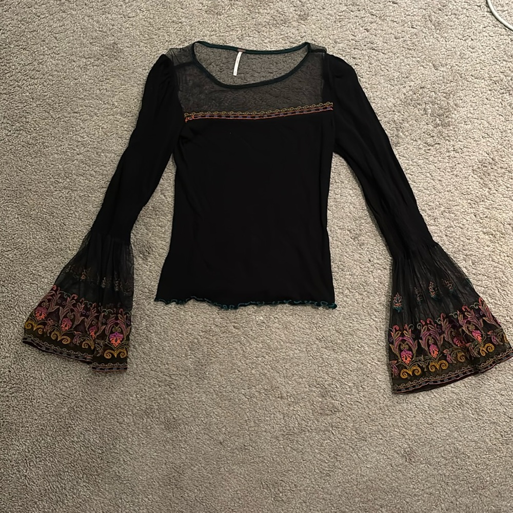 Free People Black Asymmetrical Ruffled Blouse with Long Bell Sleeves